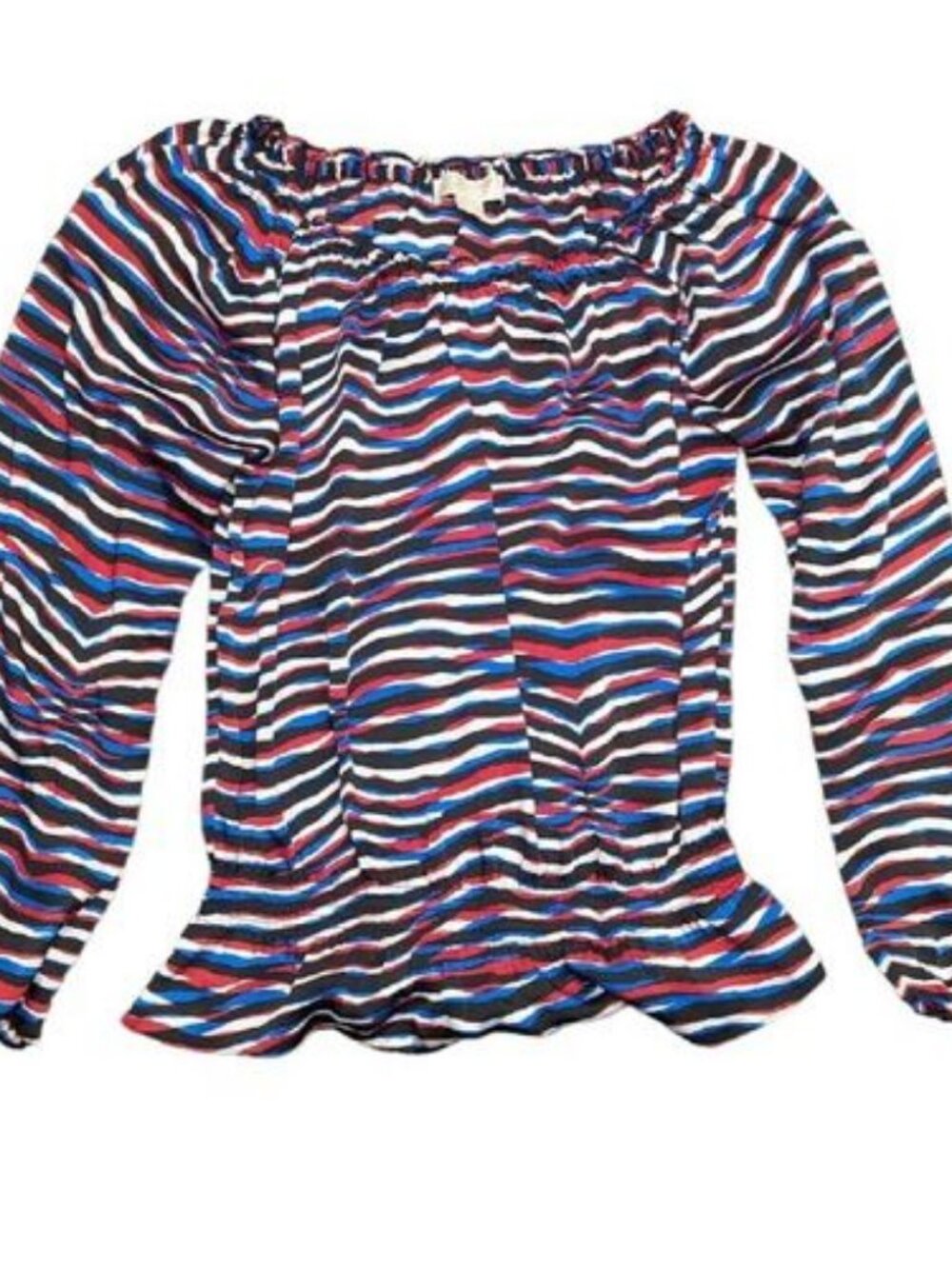 Michael Kors Striped Long Sleeve Blouse Elastic Neck Peplum Top Women's Shirt XS